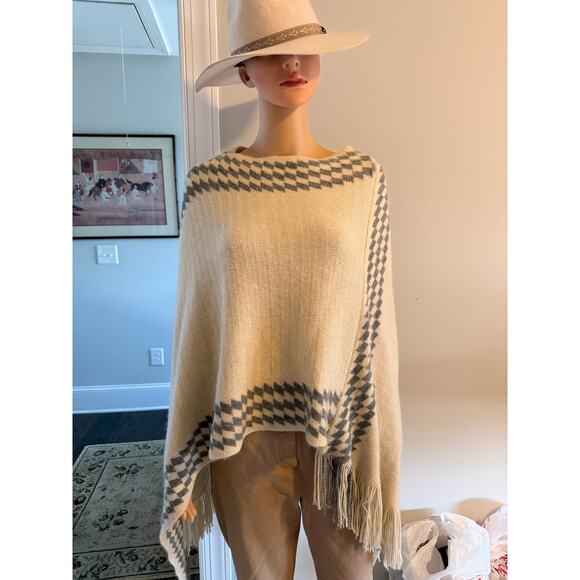 Gray & White Fringed Knit Boho Sweater Poncho, One Size, by Karma - Picture 3 of 5